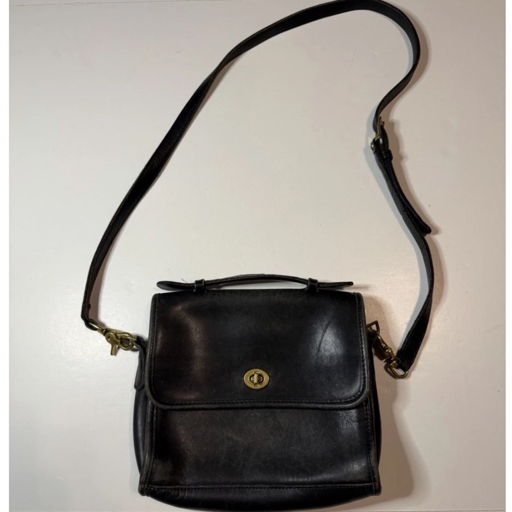 Coach Willis 9870 Vintage Black Leather Crossbody Bag Top Handle Messenger Brass